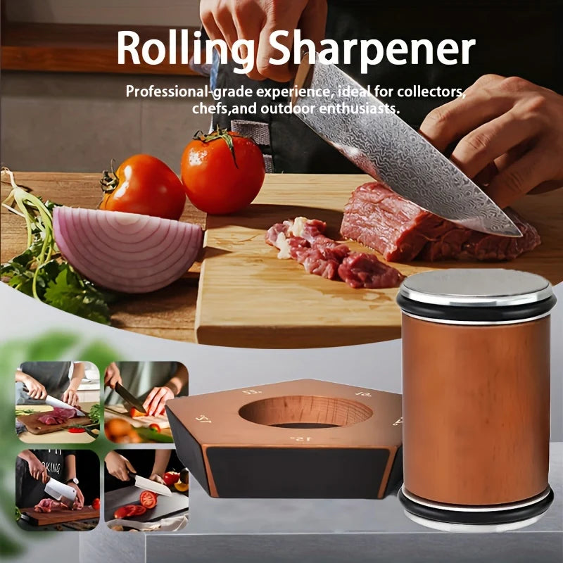 Rolling sharpener and five-angle base on a kitchen counter next to a chef's knife cutting meat