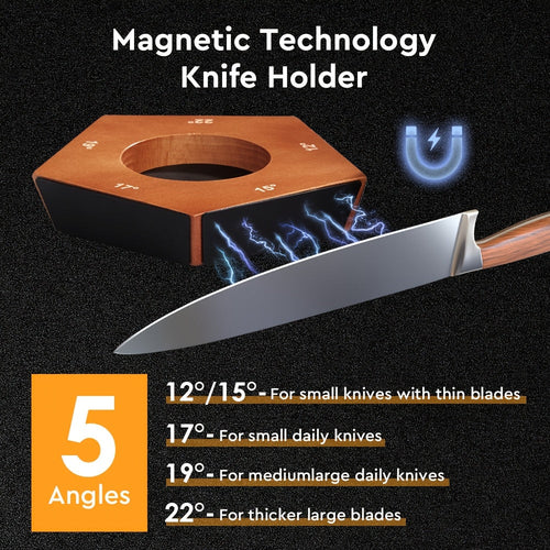 Five-angle magnetic base with a chef's knife: 12/15 degrees for thin blades, 17 for small daily knives, 19 for medium to large knives, 22 for thick blades